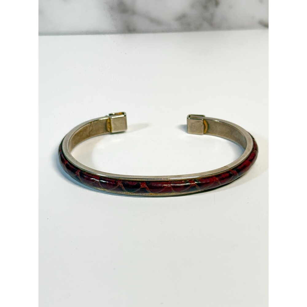 Steel Burgundy Embossed Leather Cuff Bracelet Size 6